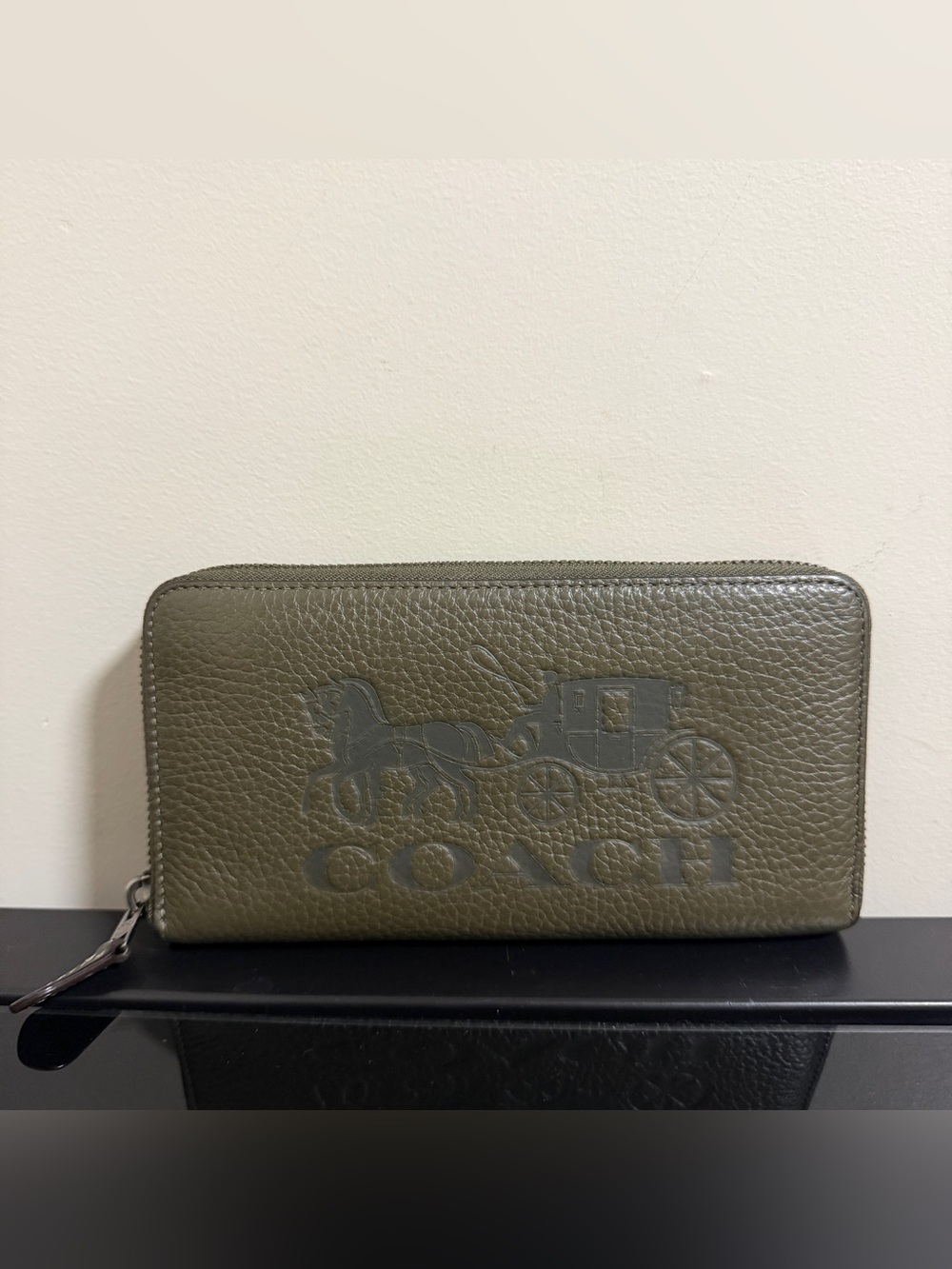Coach Olive Green Pebbled Leather Zip Long Wallet with Embossed Coach Logo